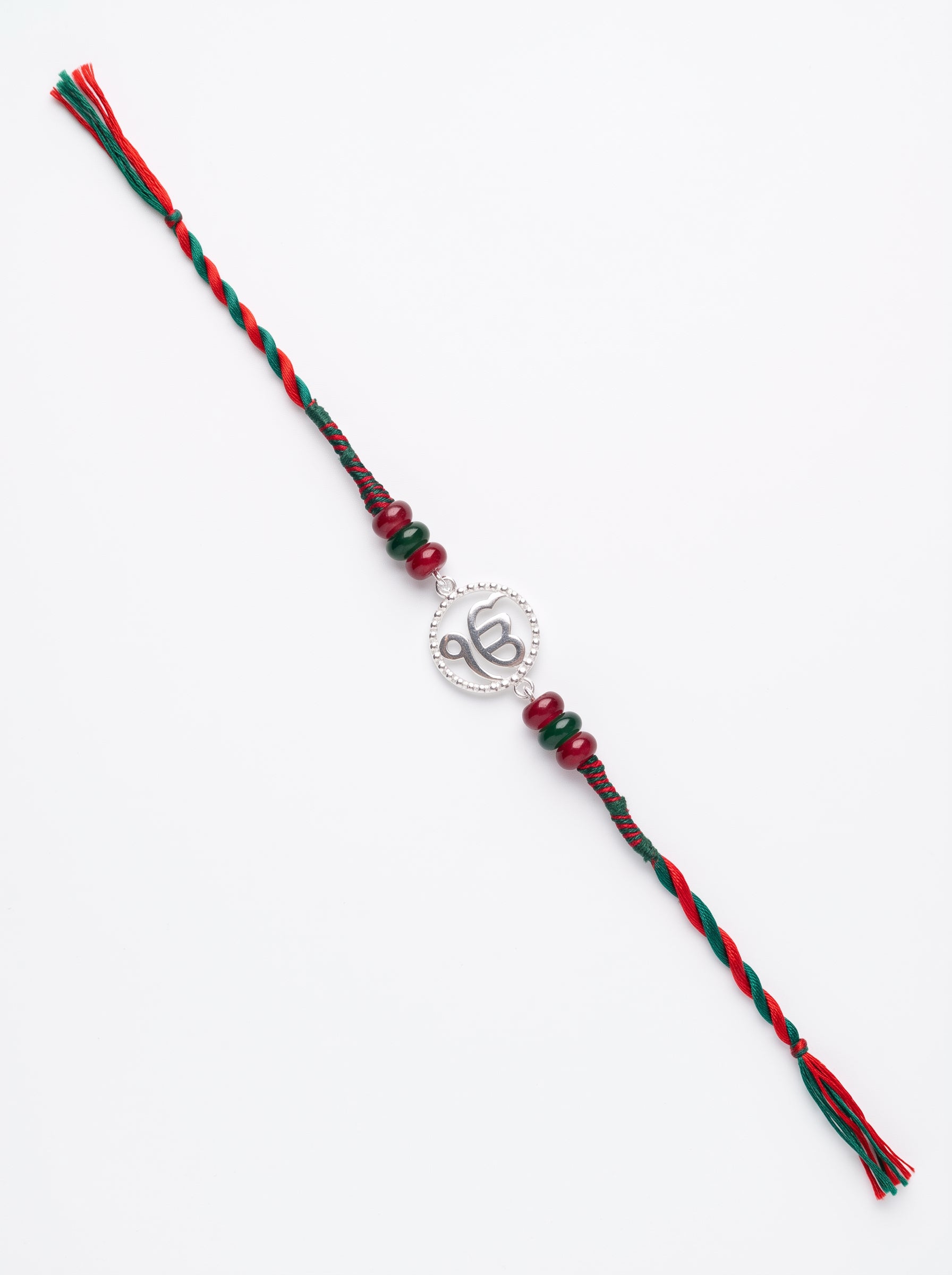 Ik Onkar Silver Rakhi with Beads - Red Green