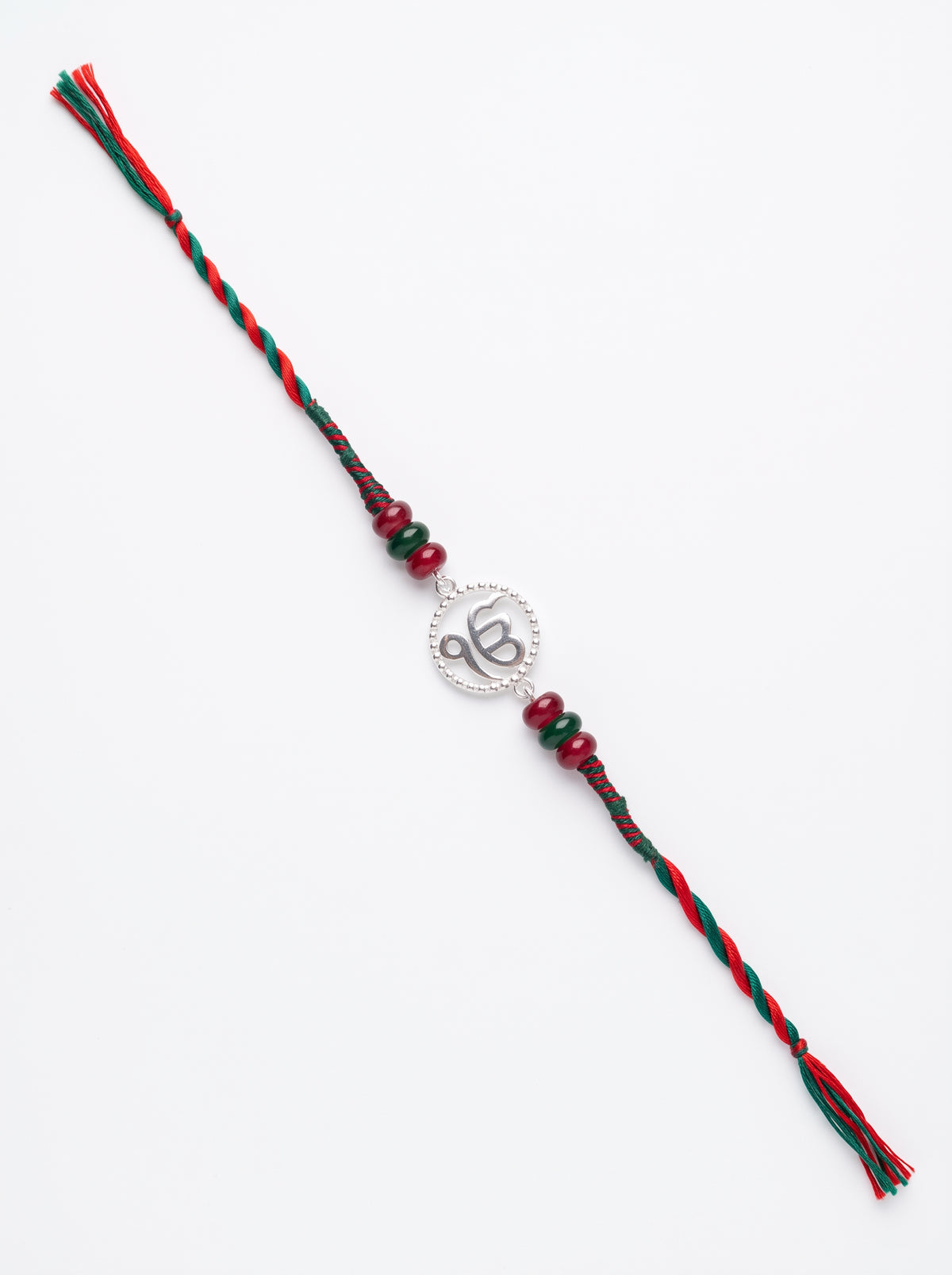 Ik Onkar Silver Rakhi with Beads - Red Green