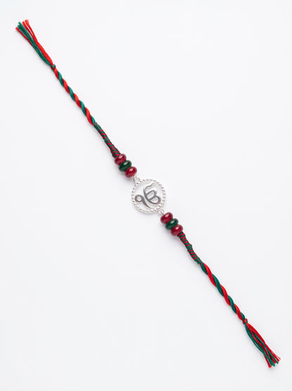 Ik Onkar Silver Rakhi with Beads - Red Green