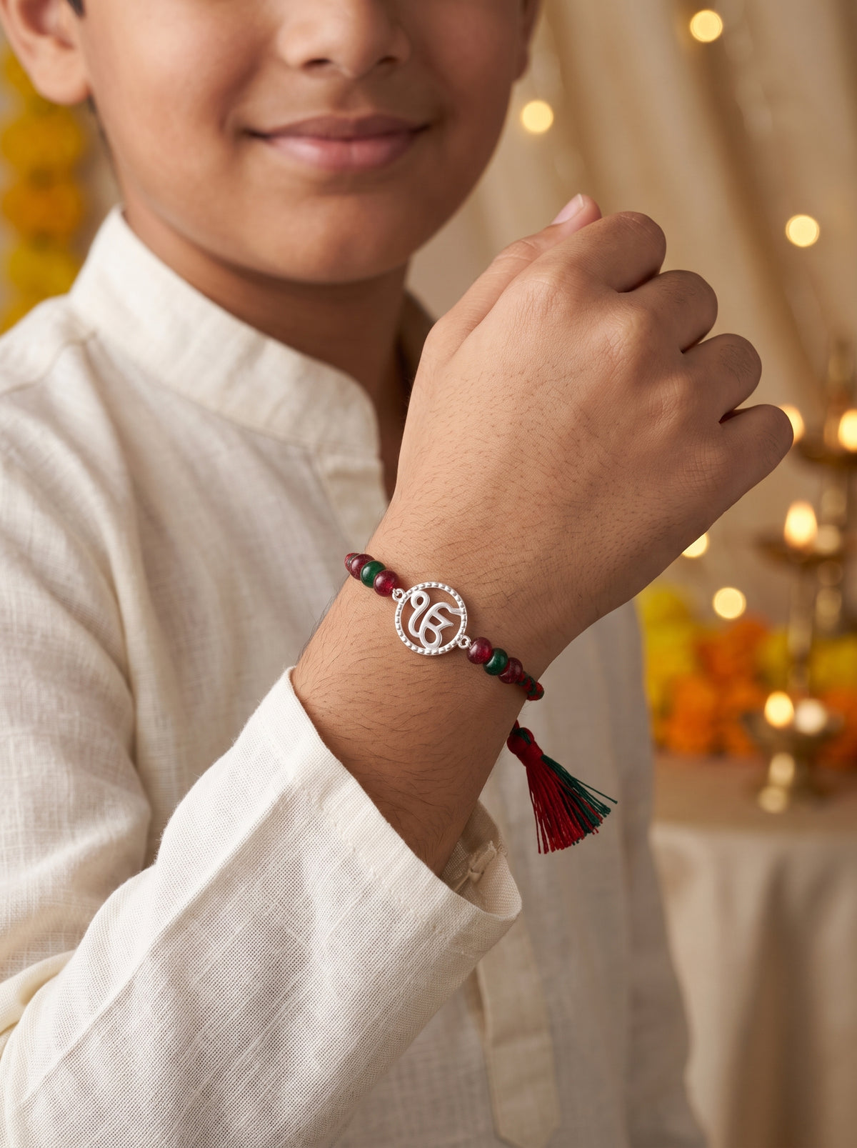 Ik Onkar Silver Rakhi with Beads - Red Green