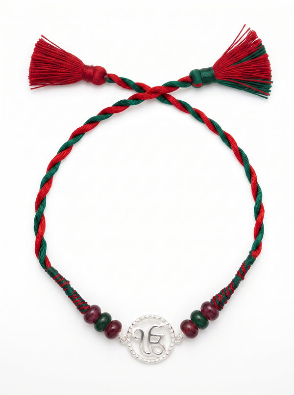 Ik Onkar Silver Rakhi with Beads - Red Green