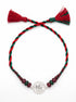 Ik Onkar Silver Rakhi with Beads - Red Green - studio product photo - Hardik Jewels
