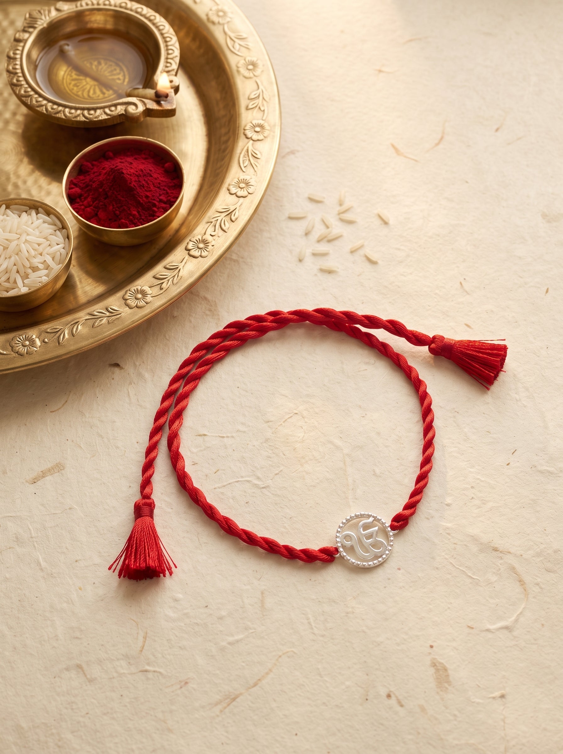 Ik Onkar CZ Halo Silver Rakhi - Red