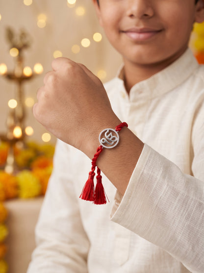 Ik Onkar CZ Halo Silver Rakhi - Red