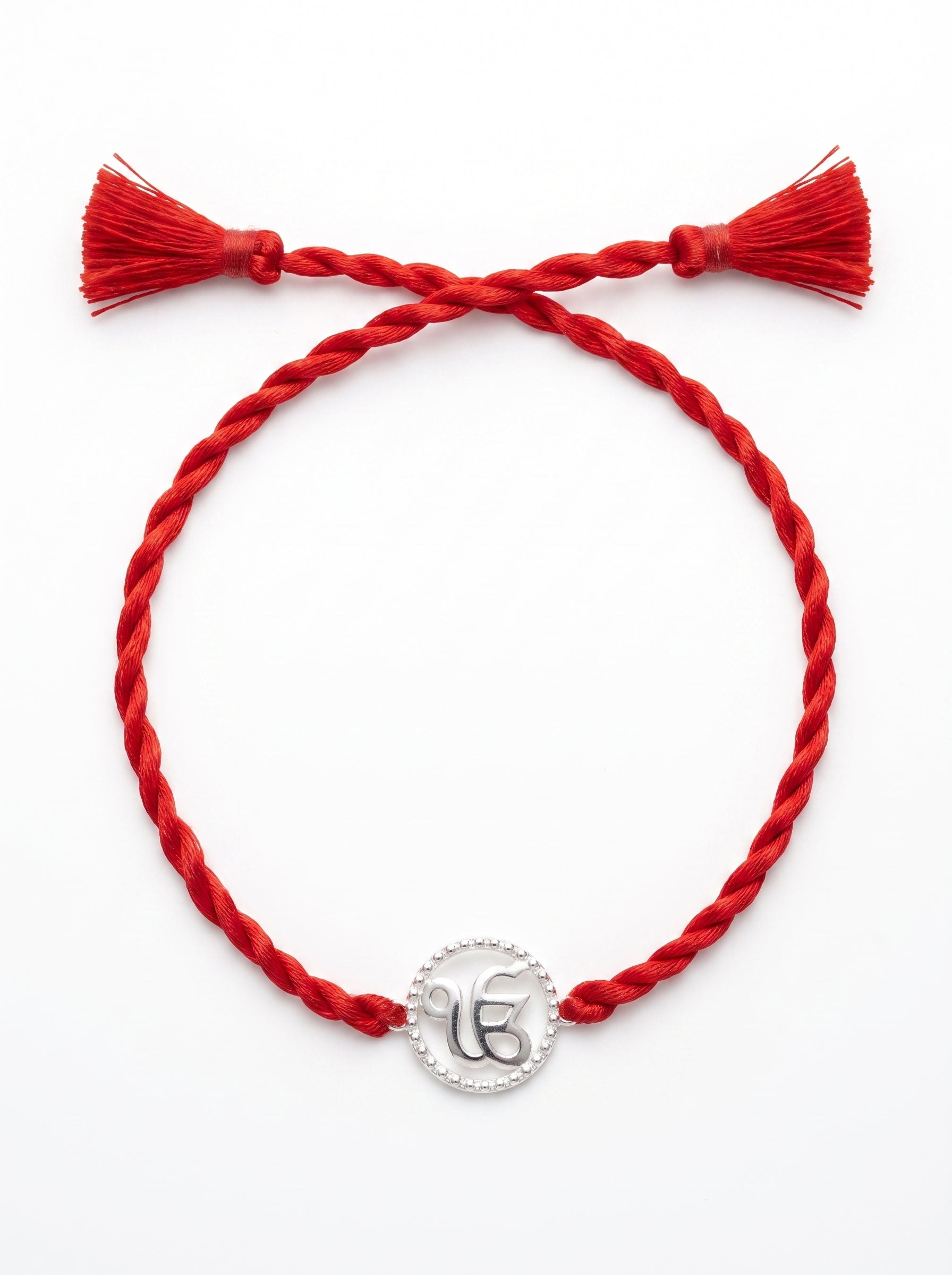 Ik Onkar CZ Halo Silver Rakhi - Red - studio product photo - Hardik Jewels