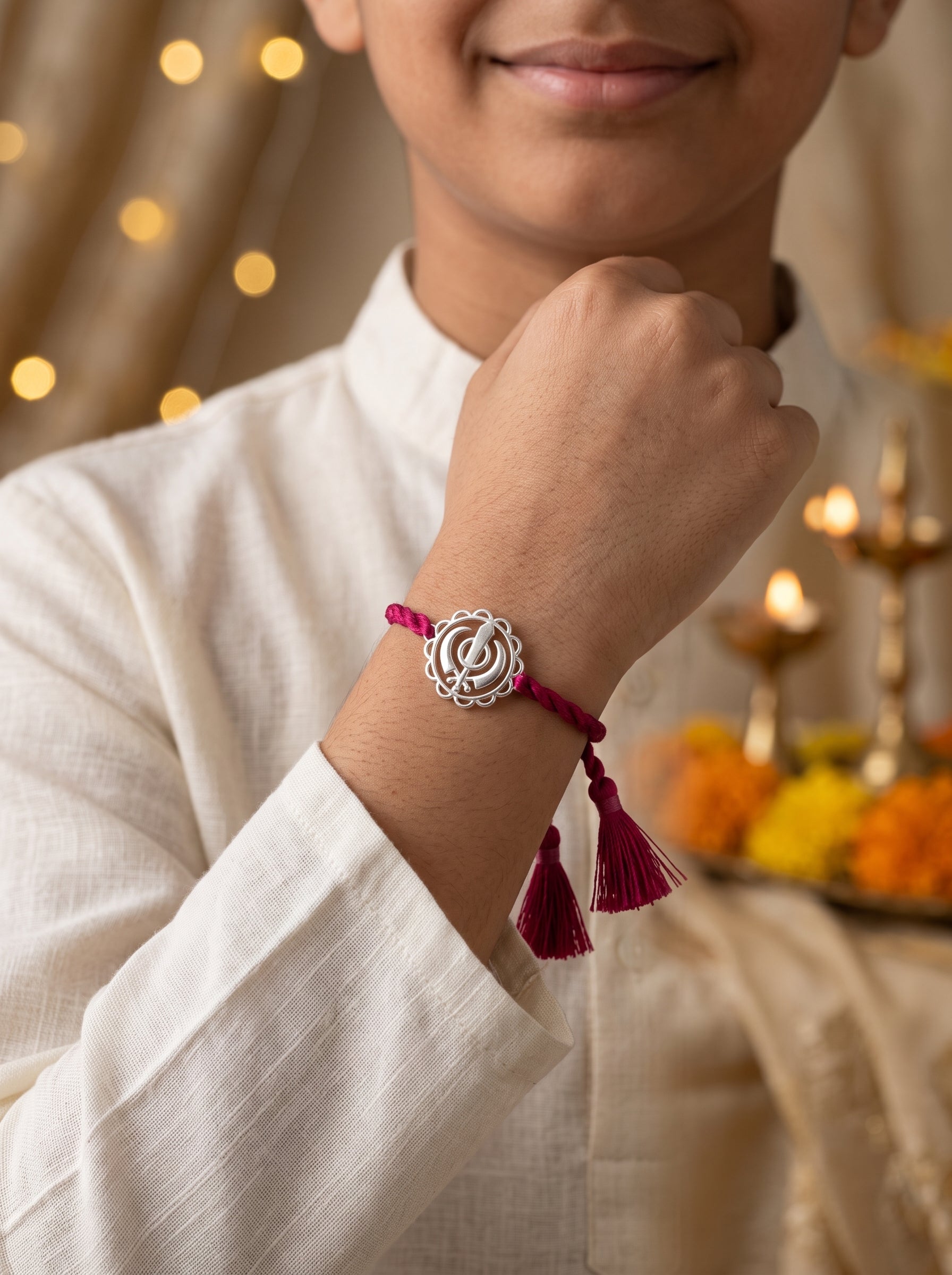 Khanda Silver Rakhi - Pink Thread