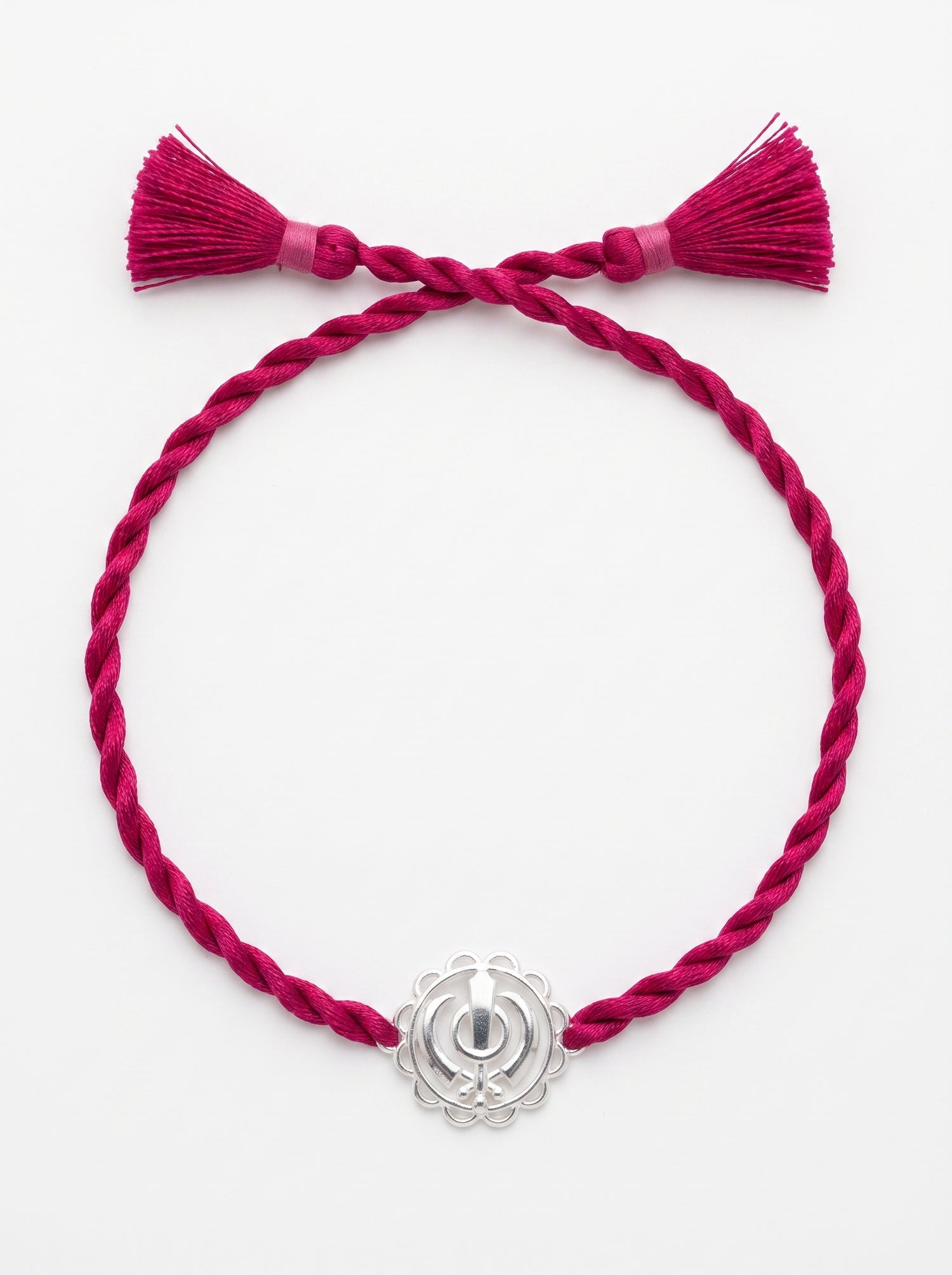 Khanda Silver Rakhi - Pink Thread - studio product photo - Hardik Jewels