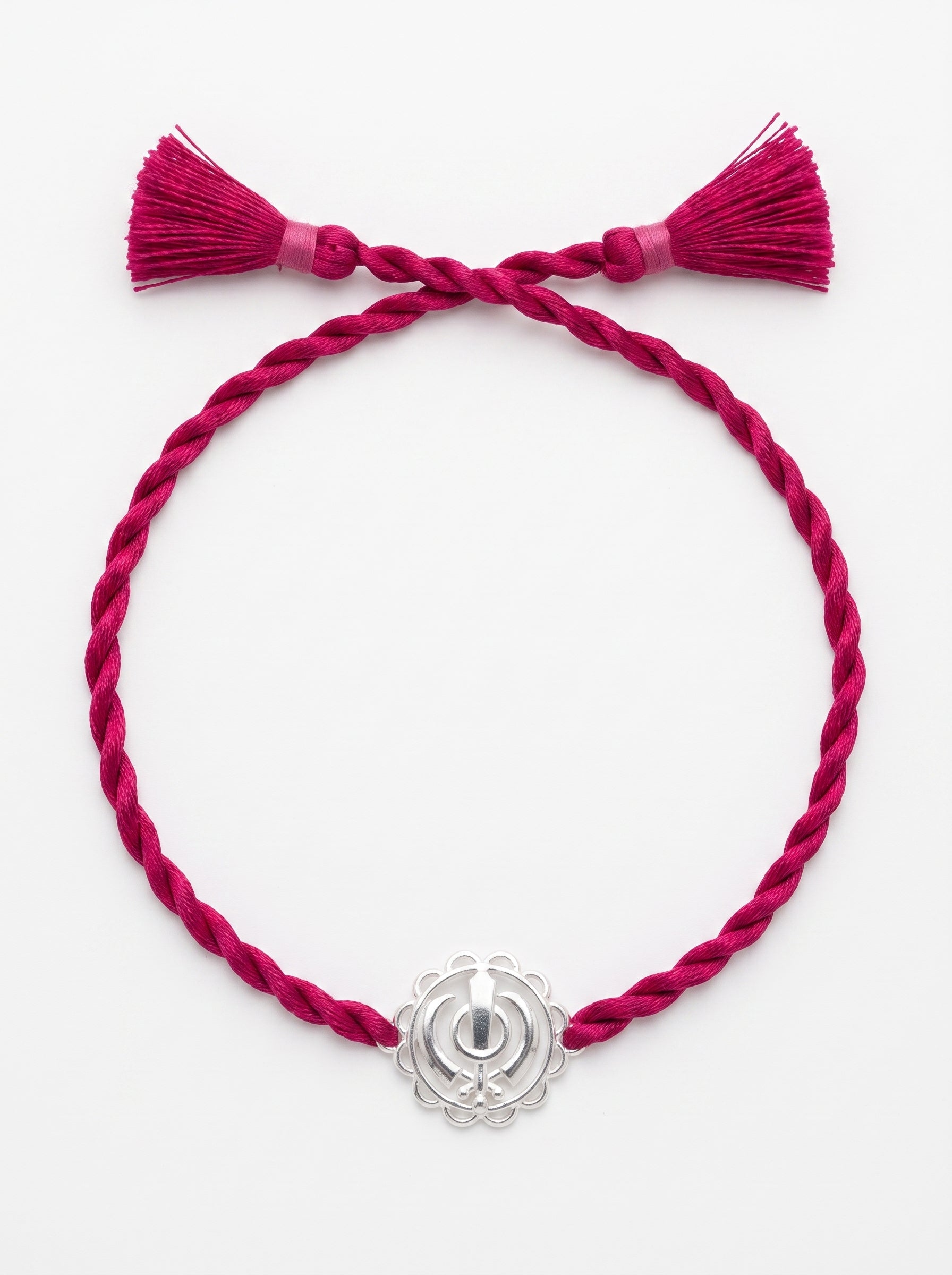 Khanda Silver Rakhi - Pink Thread - studio product photo - Hardik Jewels