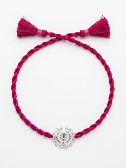 Khanda Silver Rakhi - Pink Thread - studio product photo - Hardik Jewels