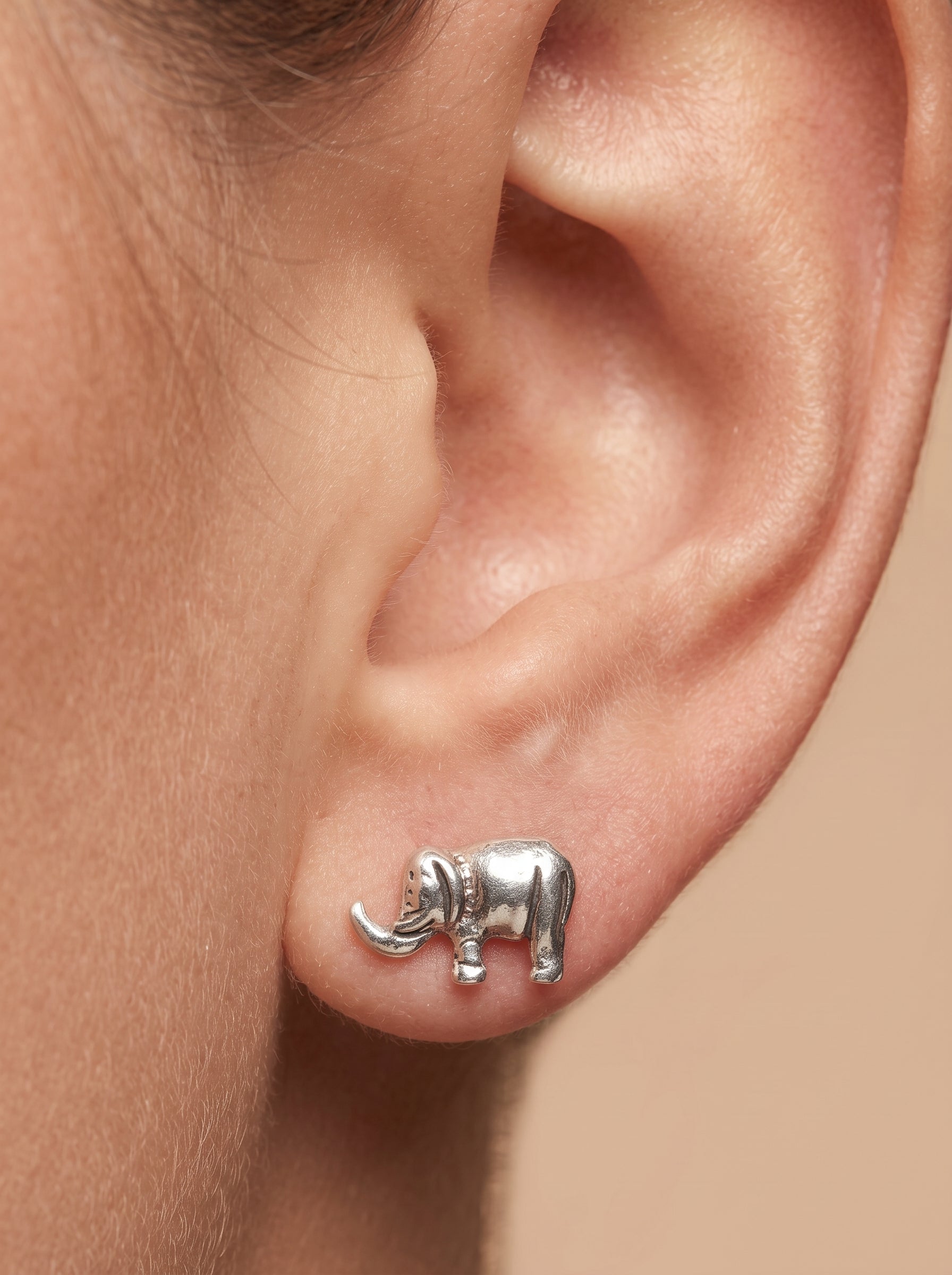 Elephant 92.5 Sterling Silver Stud Earrings - ear styling view - Hardik Jewels