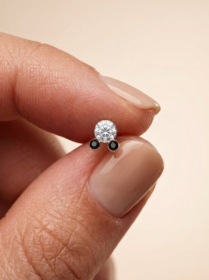 Black &amp; White CZ Double Stone Silver Stud Earrings - close-up detail view - Hardik Jewels