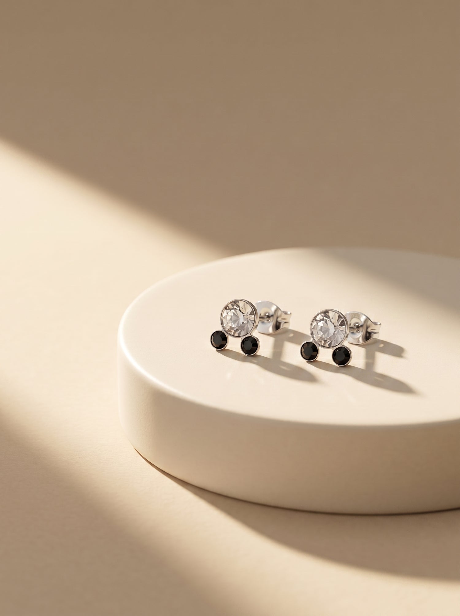 Black &amp; White CZ Double Stone Silver Stud Earrings - premium jewellery display - Hardik Jewels
