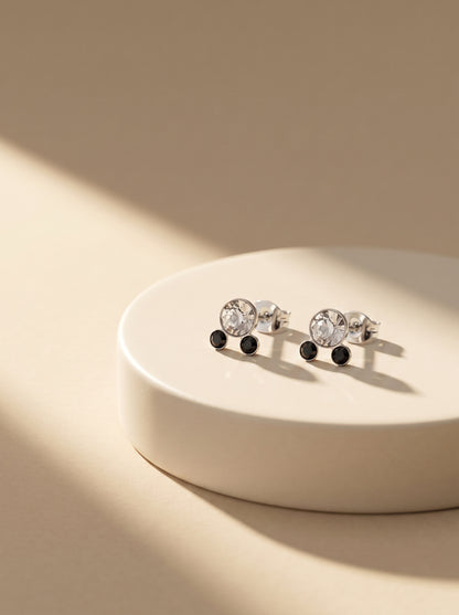 Black &amp; White CZ Double Stone Silver Stud Earrings - premium jewellery display - Hardik Jewels