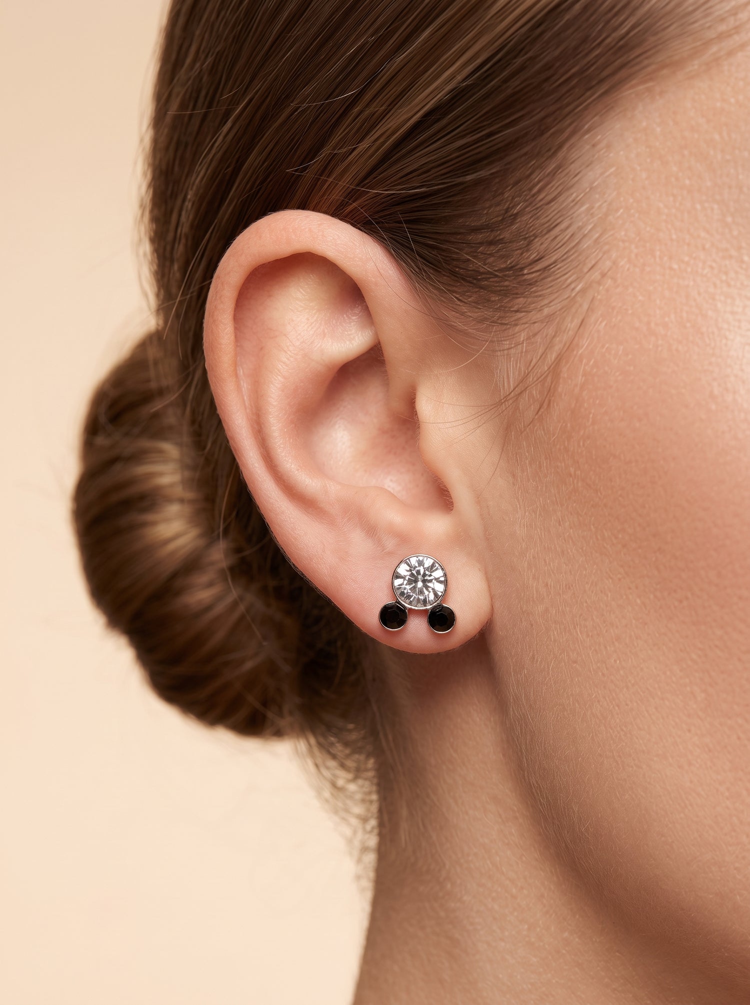 Black &amp; White CZ Double Stone Silver Stud Earrings - ear styling view - Hardik Jewels
