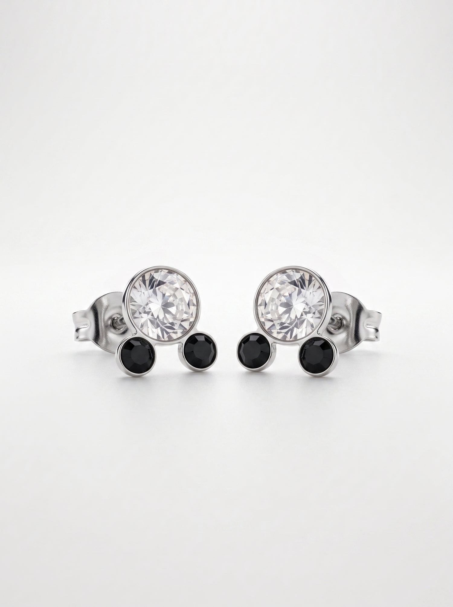 Black &amp; White CZ Double Stone Silver Stud Earrings - front studio product view - Hardik Jewels