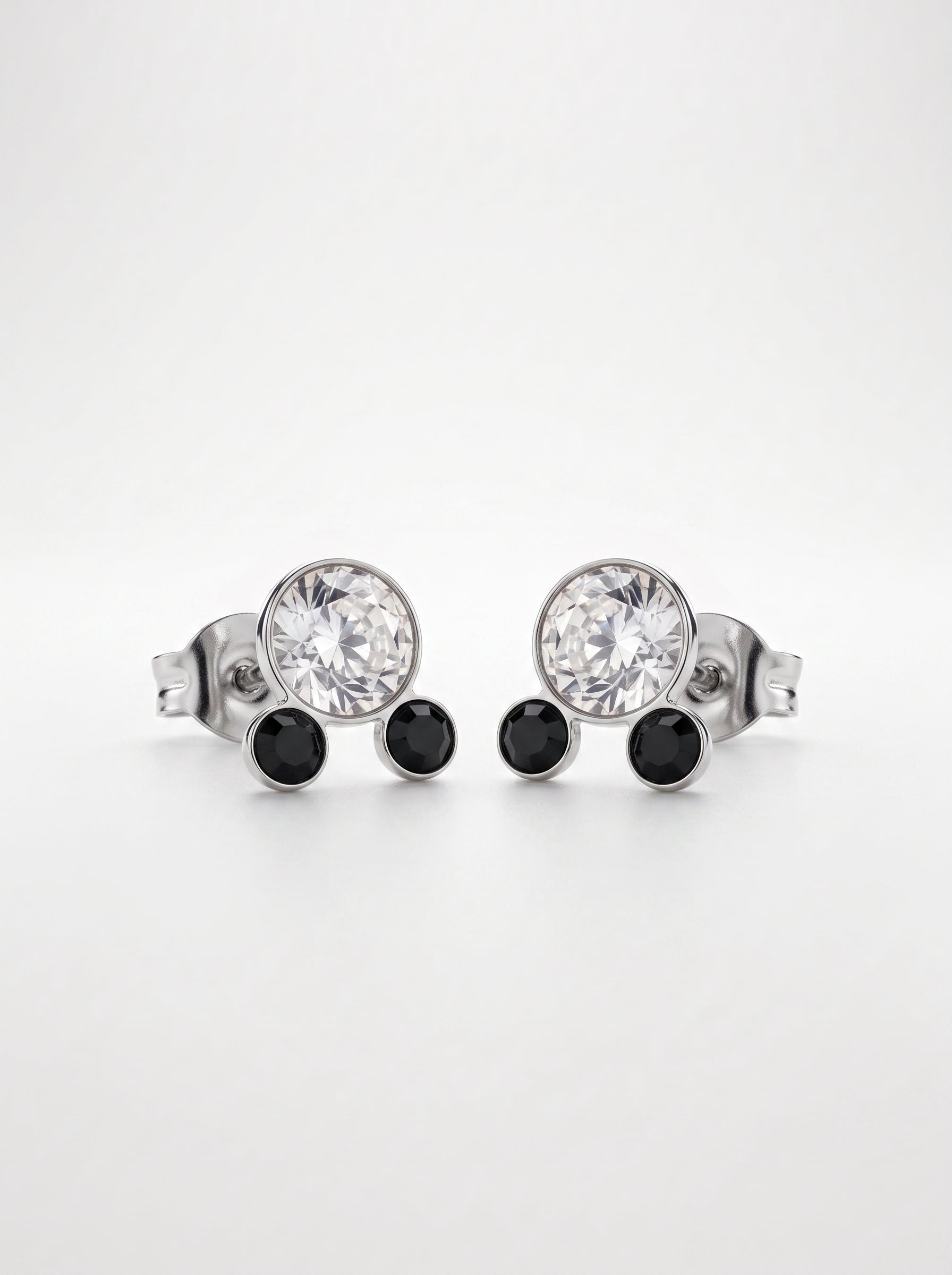 Black &amp; White CZ Double Stone Silver Stud Earrings - front studio product view - Hardik Jewels