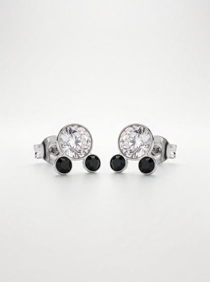 Black &amp; White CZ Double Stone Silver Stud Earrings - front studio product view - Hardik Jewels