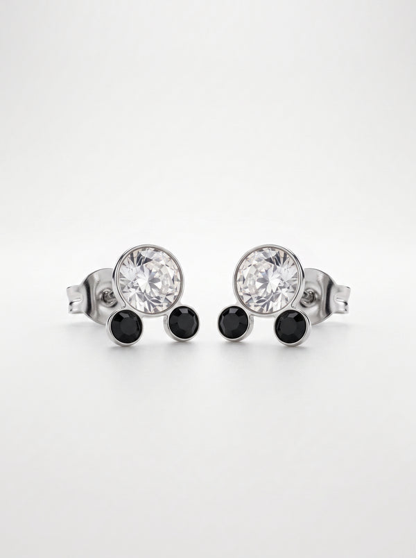 Black & White CZ Double Stone Silver Stud Earrings