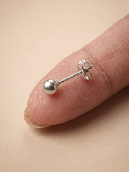 Minimal Silver Ball Stud Earrings - close-up detail view - Hardik Jewels