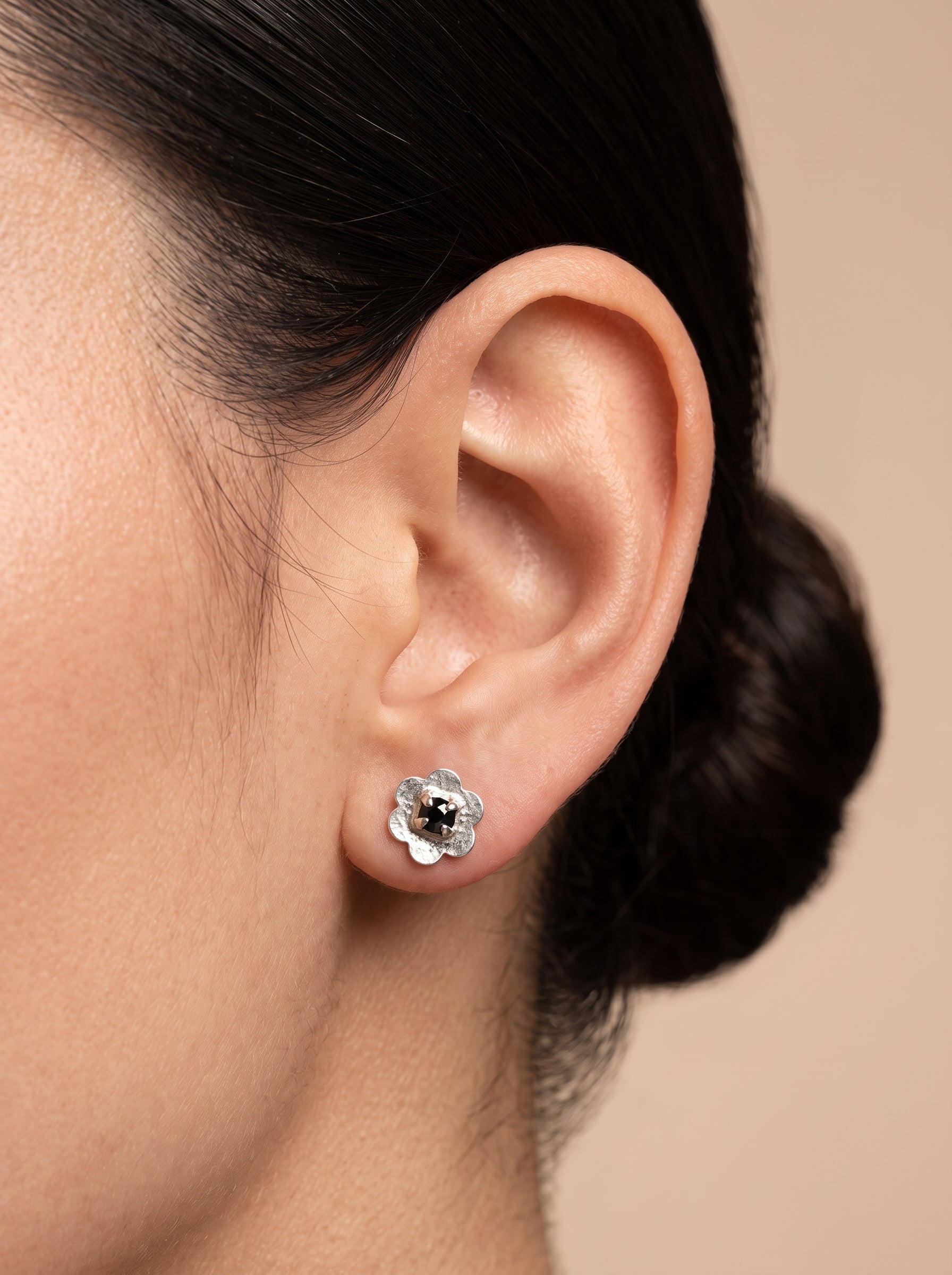 Black Enamel Flower Silver Stud Earrings - ear styling view - Hardik Jewels