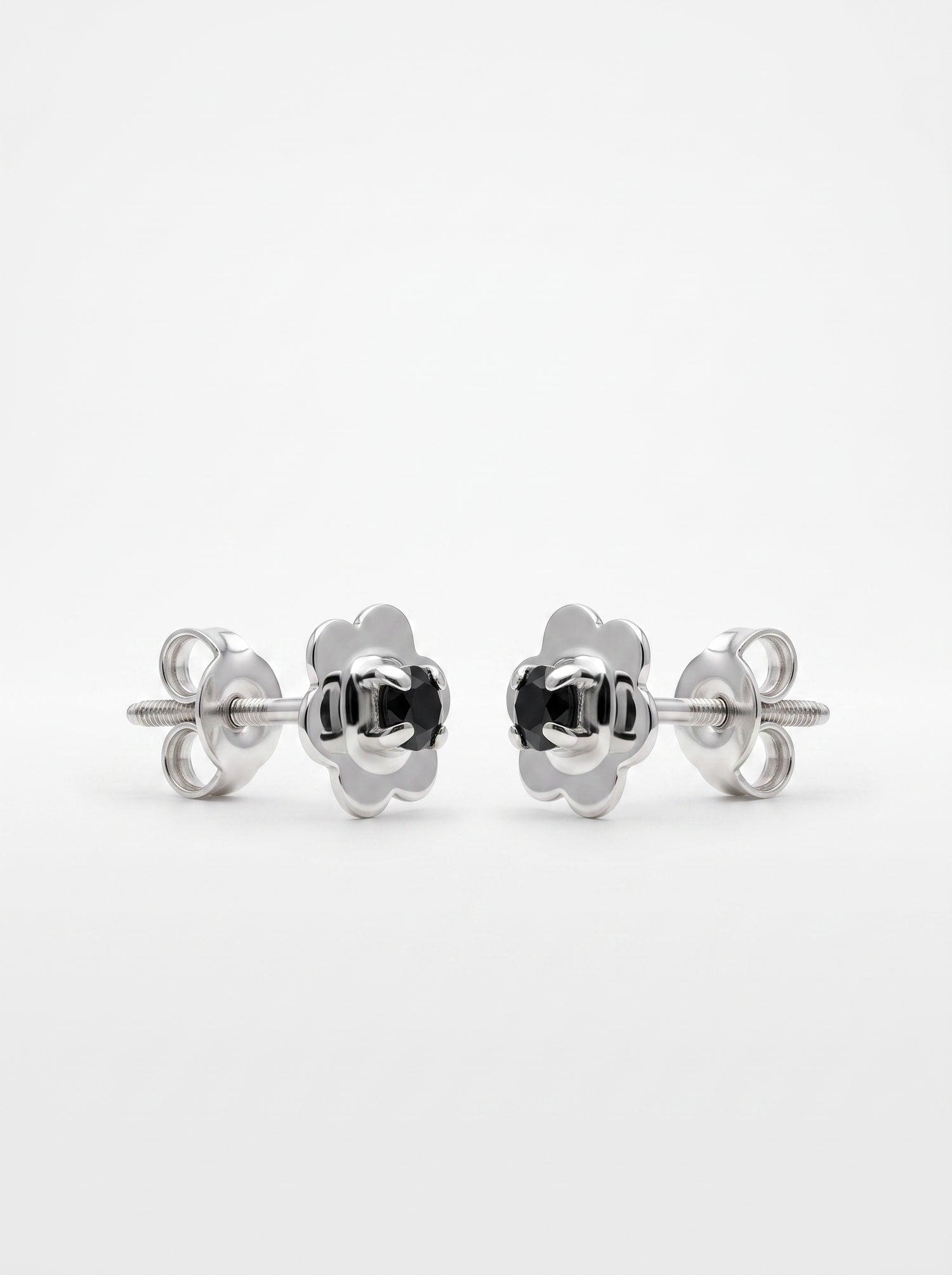 Black Enamel Flower Silver Stud Earrings - front studio product view - Hardik Jewels
