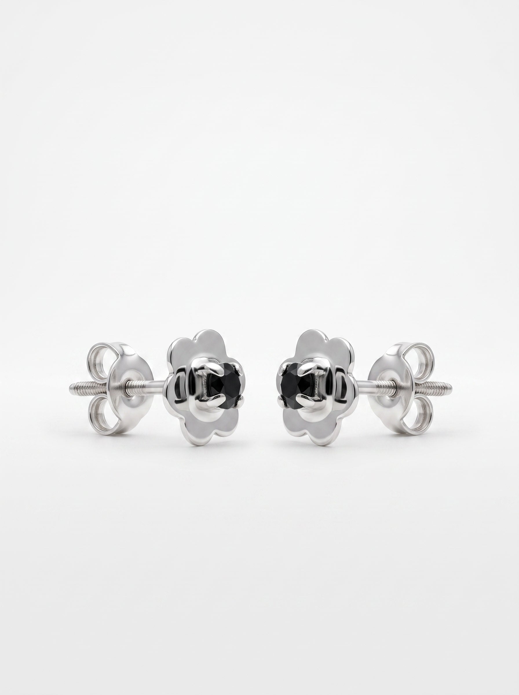 Black Enamel Flower Silver Stud Earrings - front studio product view - Hardik Jewels