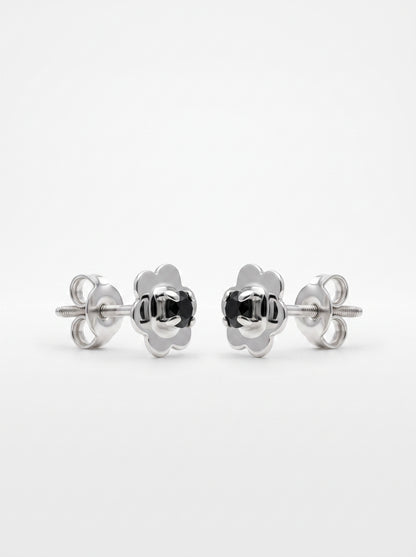 Black Enamel Flower Silver Stud Earrings - front studio product view - Hardik Jewels
