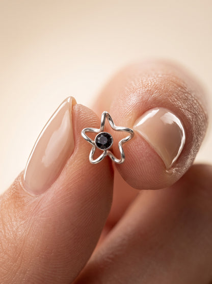 Black CZ Bunny Silver Stud Earrings - close-up detail view - Hardik Jewels