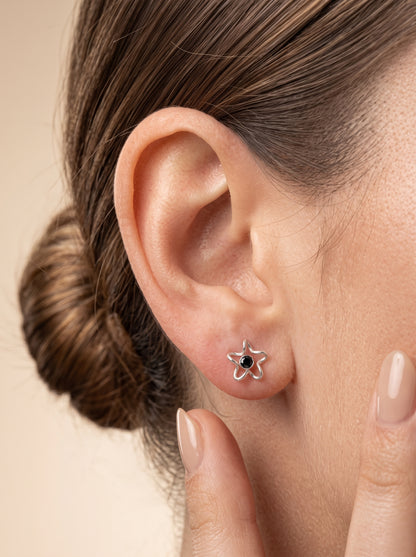 Black CZ Bunny Silver Stud Earrings - ear styling view - Hardik Jewels