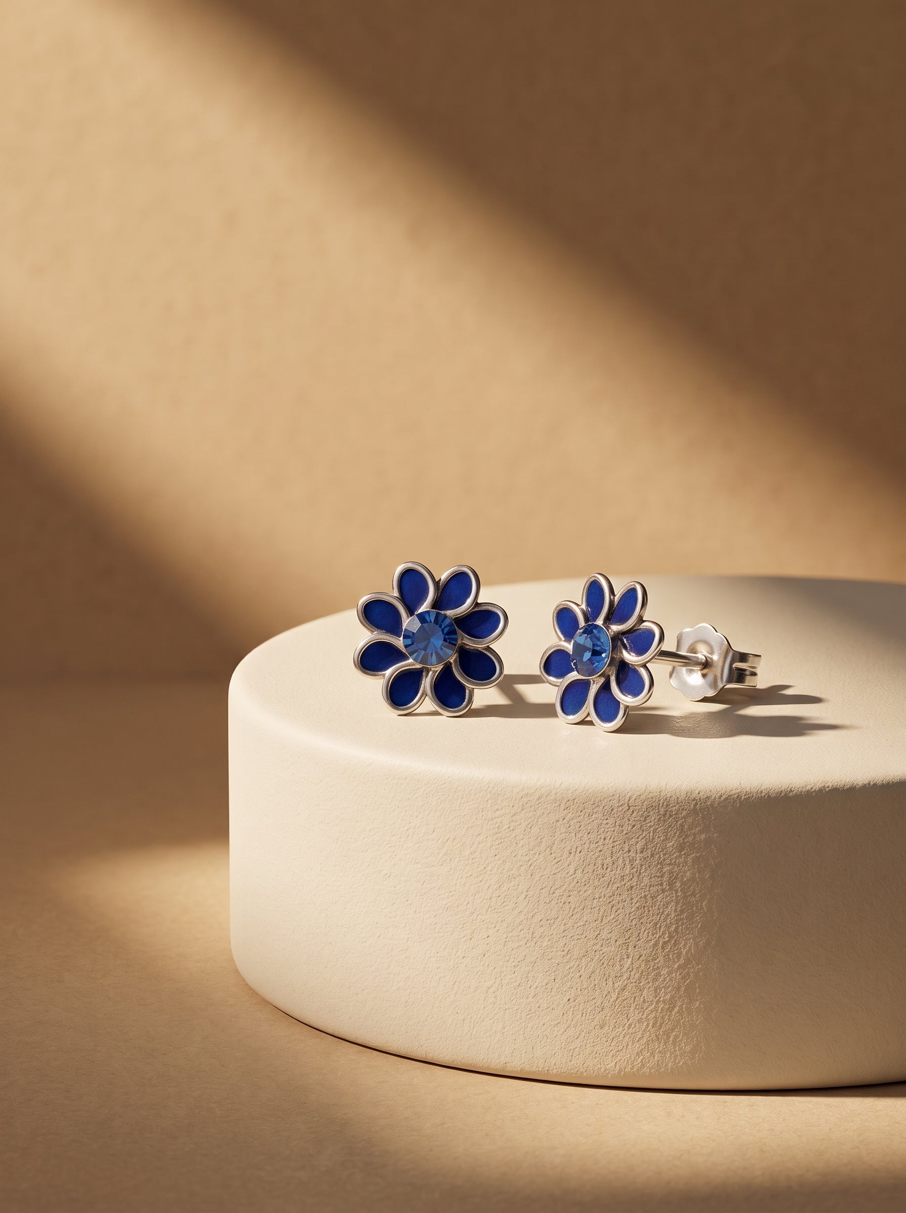 Blue Enamel Flower Silver Stud Earrings - premium jewellery display - Hardik Jewels