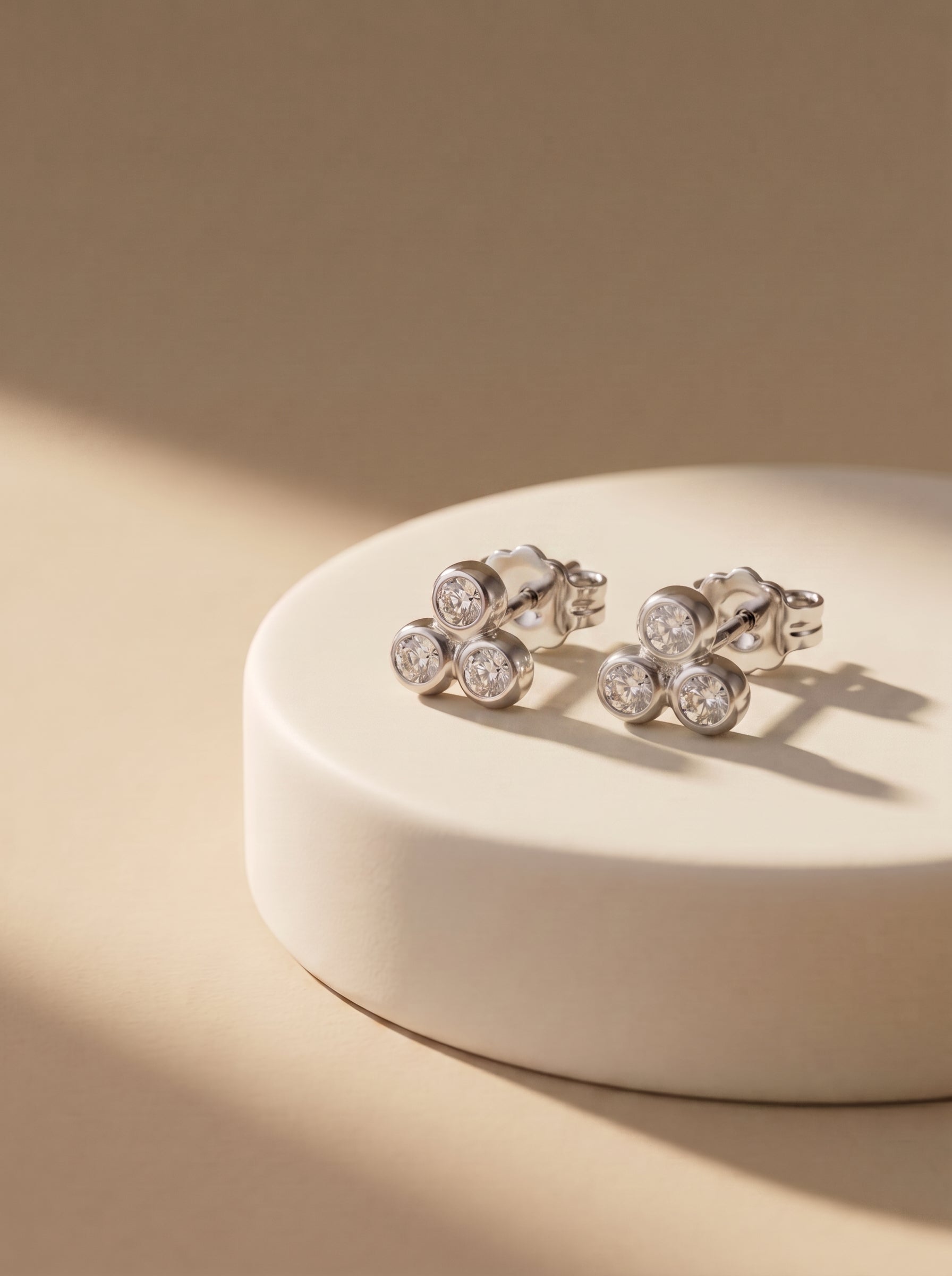 Triple CZ Cluster Silver Stud Earrings - premium jewellery display - Hardik Jewels