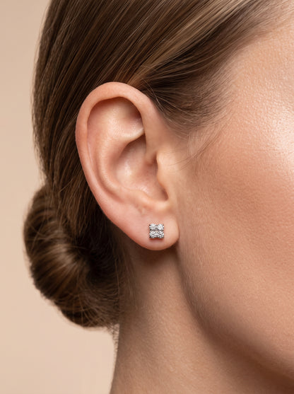 Square Four CZ Silver Stud Earrings - ear styling view - Hardik Jewels
