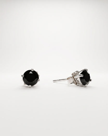 Black CZ Solitaire Silver Stud Earrings - white background detail view - Hardik Jewels