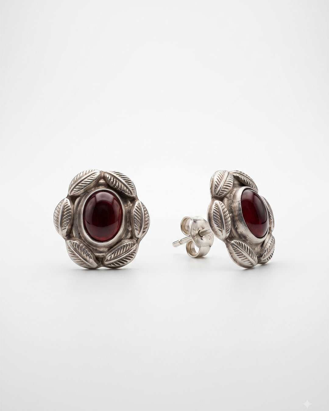 Vintage Red Stone Leaf Frame Silver Stud Earrings - white background detail view - Hardik Jewels