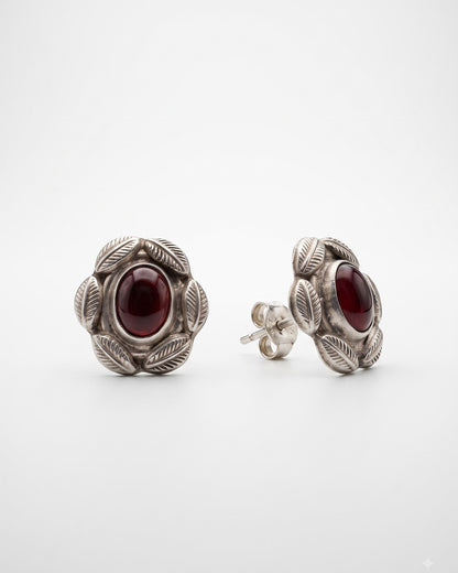Vintage Red Stone Leaf Frame Silver Stud Earrings - white background detail view - Hardik Jewels