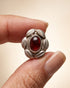 Vintage Red Stone Leaf Frame Silver Stud Earrings - front close-up product view - Hardik Jewels