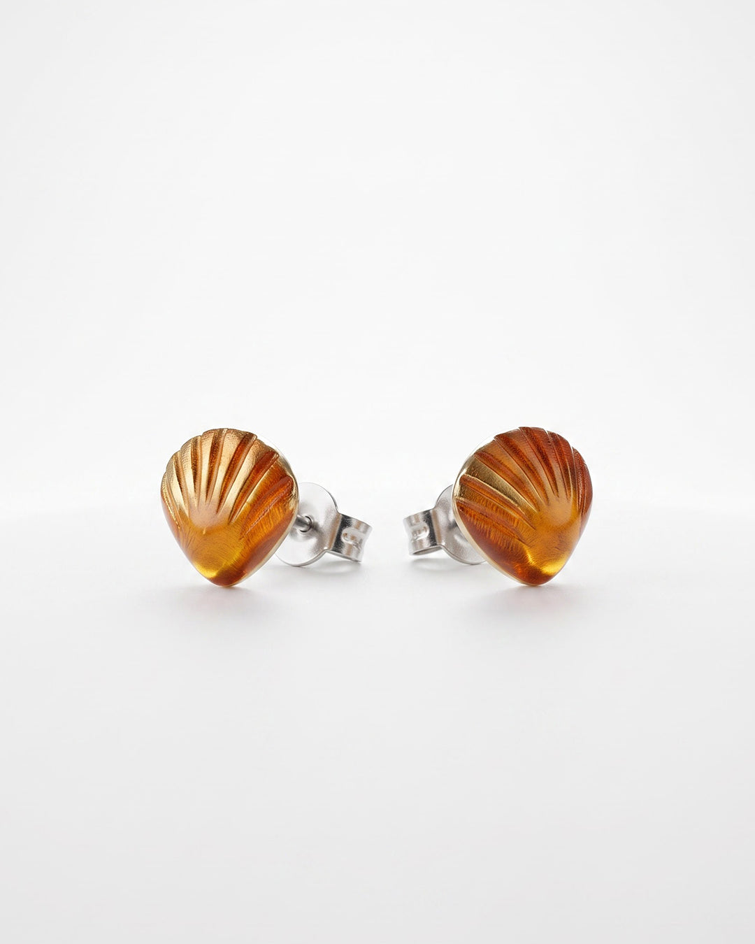 Orange Shell Enamel Silver Stud Earrings - white background detail view - Hardik Jewels