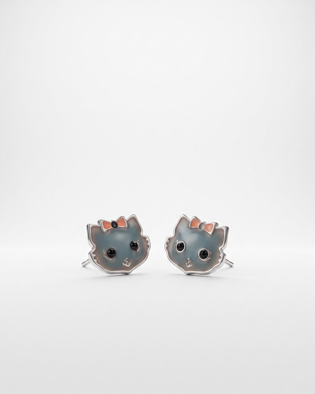 Black Cat Bow Enamel Silver Stud Earrings - white background detail view - Hardik Jewels