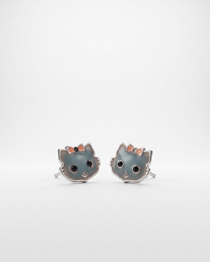 Black Cat Bow Enamel Silver Stud Earrings - white background detail view - Hardik Jewels