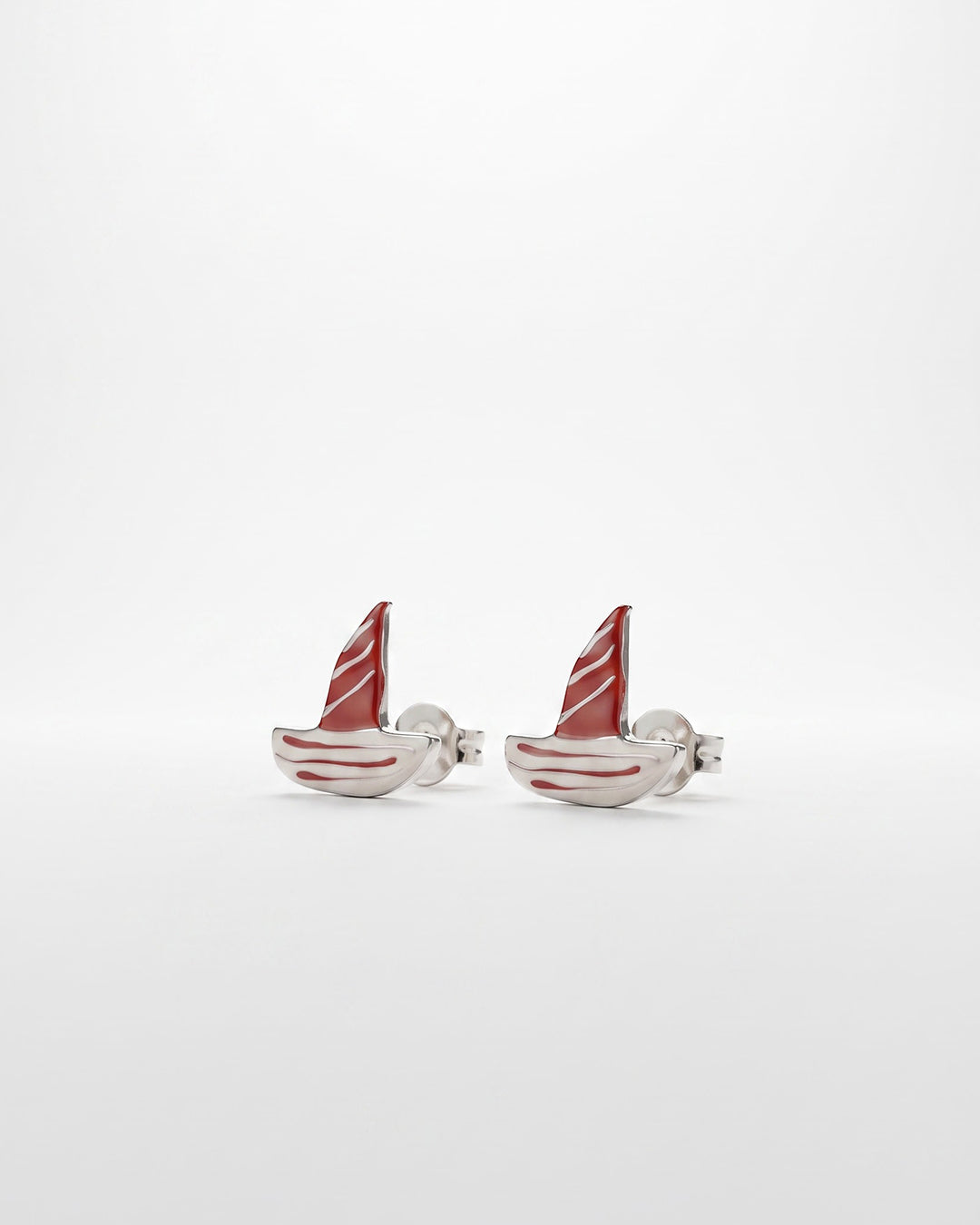 Red Sailboat Enamel Silver Stud Earrings - white background detail view - Hardik Jewels
