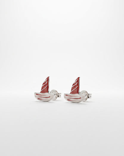 Red Sailboat Enamel Silver Stud Earrings - white background detail view - Hardik Jewels