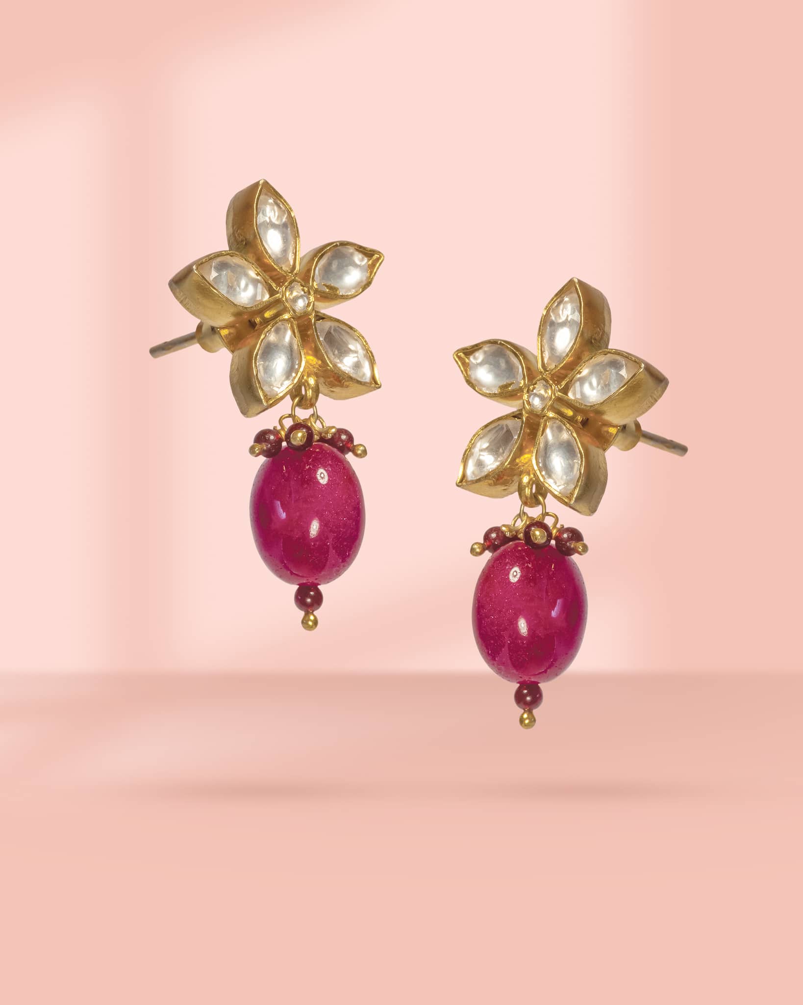 Premium 925 Sterling Silver Gold Plated Polki Floral Earrings | Ruby Pink Bead Drop
