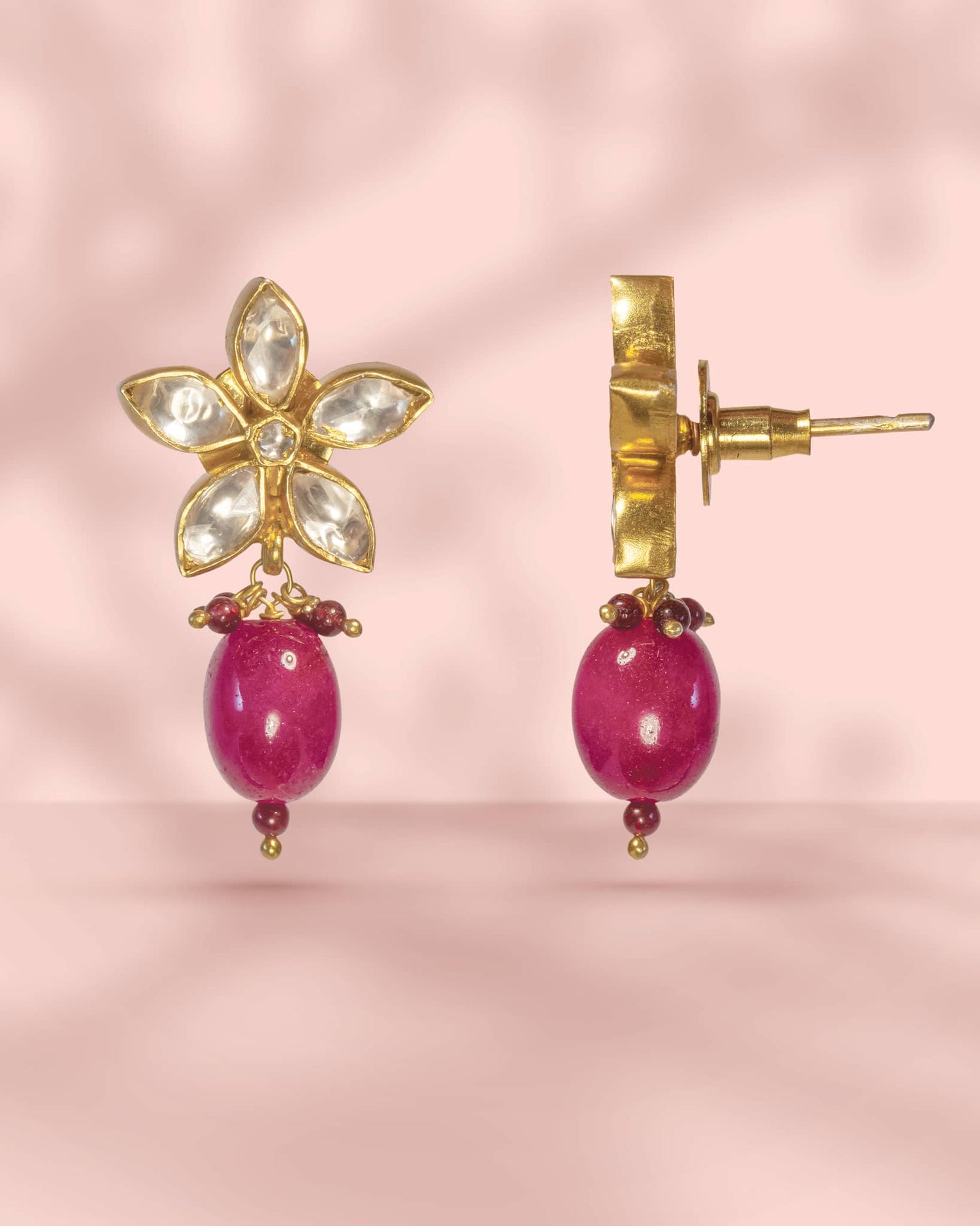 Premium 925 Sterling Silver Gold Plated Polki Floral Earrings | Ruby Pink Bead Drop