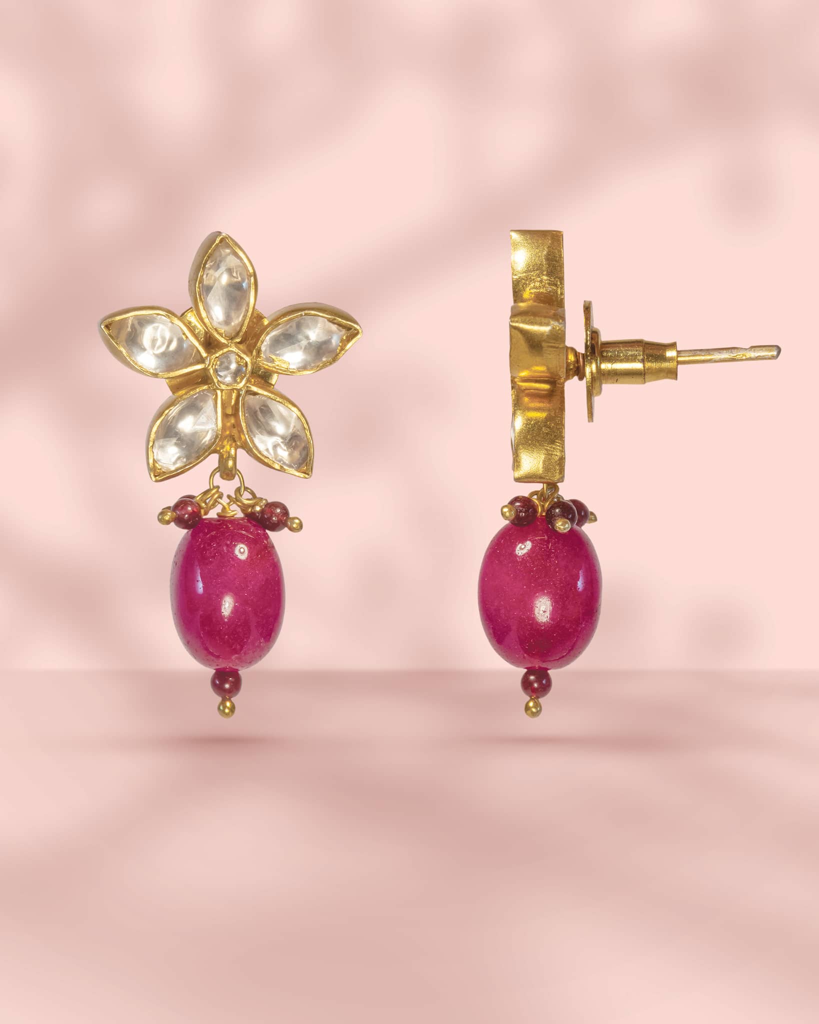 Premium 925 Sterling Silver Gold Plated Polki Floral Earrings | Ruby Pink Bead Drop