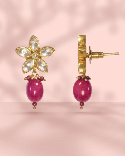 Premium 925 Sterling Silver Gold Plated Polki Floral Earrings | Ruby Pink Bead Drop