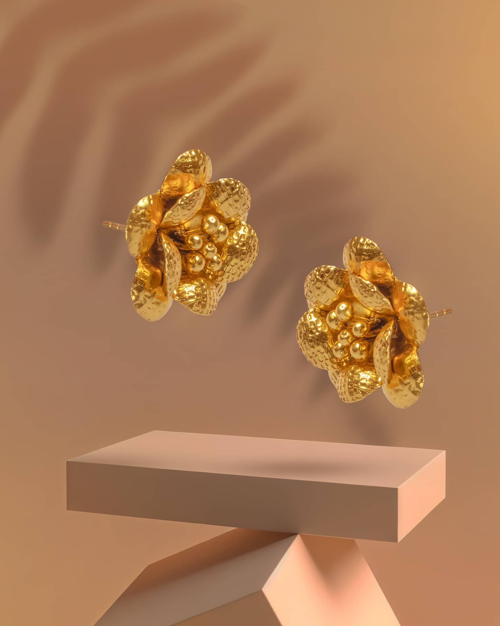 Premium Gold Plated Silver 3D Floral Stud Earrings | Antique Hammered Texture Flower