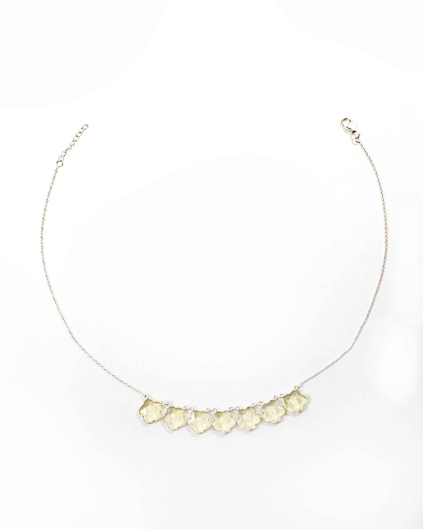 92.5 Sterling Silver Lemon Yellow Floral Collar Necklace | 7-Flower Bezel Chain