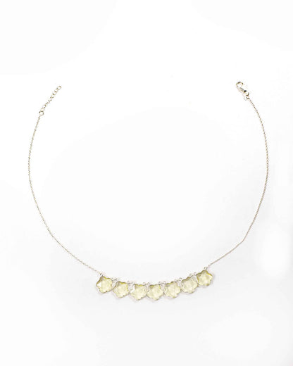 92.5 Sterling Silver Lemon Yellow Floral Collar Necklace | 7-Flower Bezel Chain