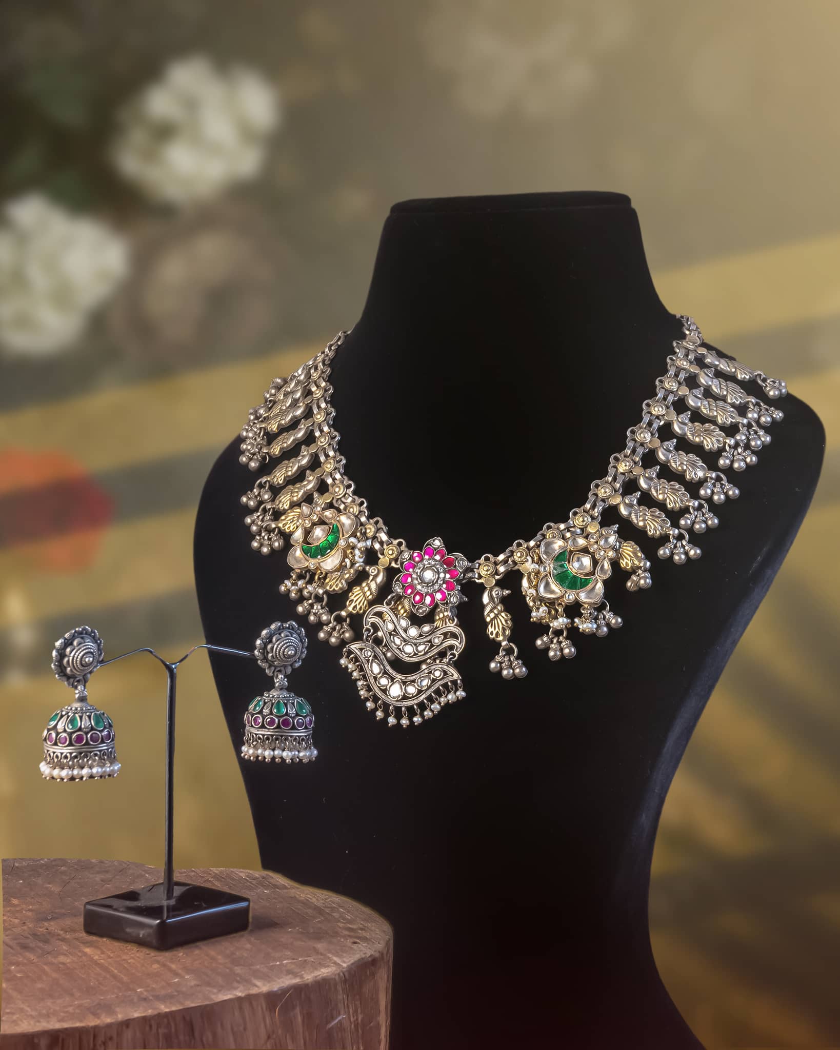 92.5 Sterling Silver Oxidized Bridal Necklace Set | Dual Tone Peacock Kundan Haar with Jhumkas