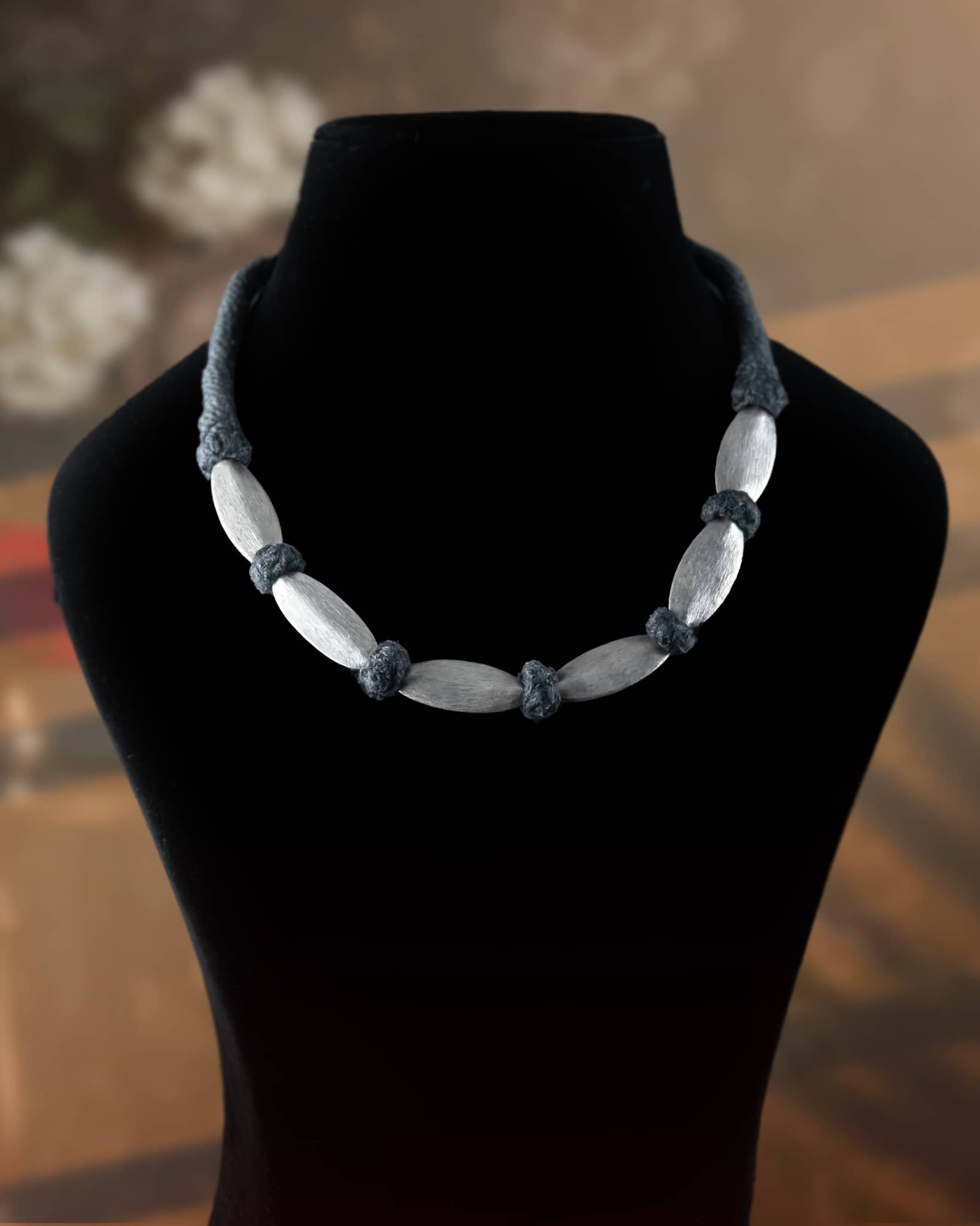 92.5 Sterling Silver Matte Oval Bead Necklace | Black Thread Knotted Dholki Mala